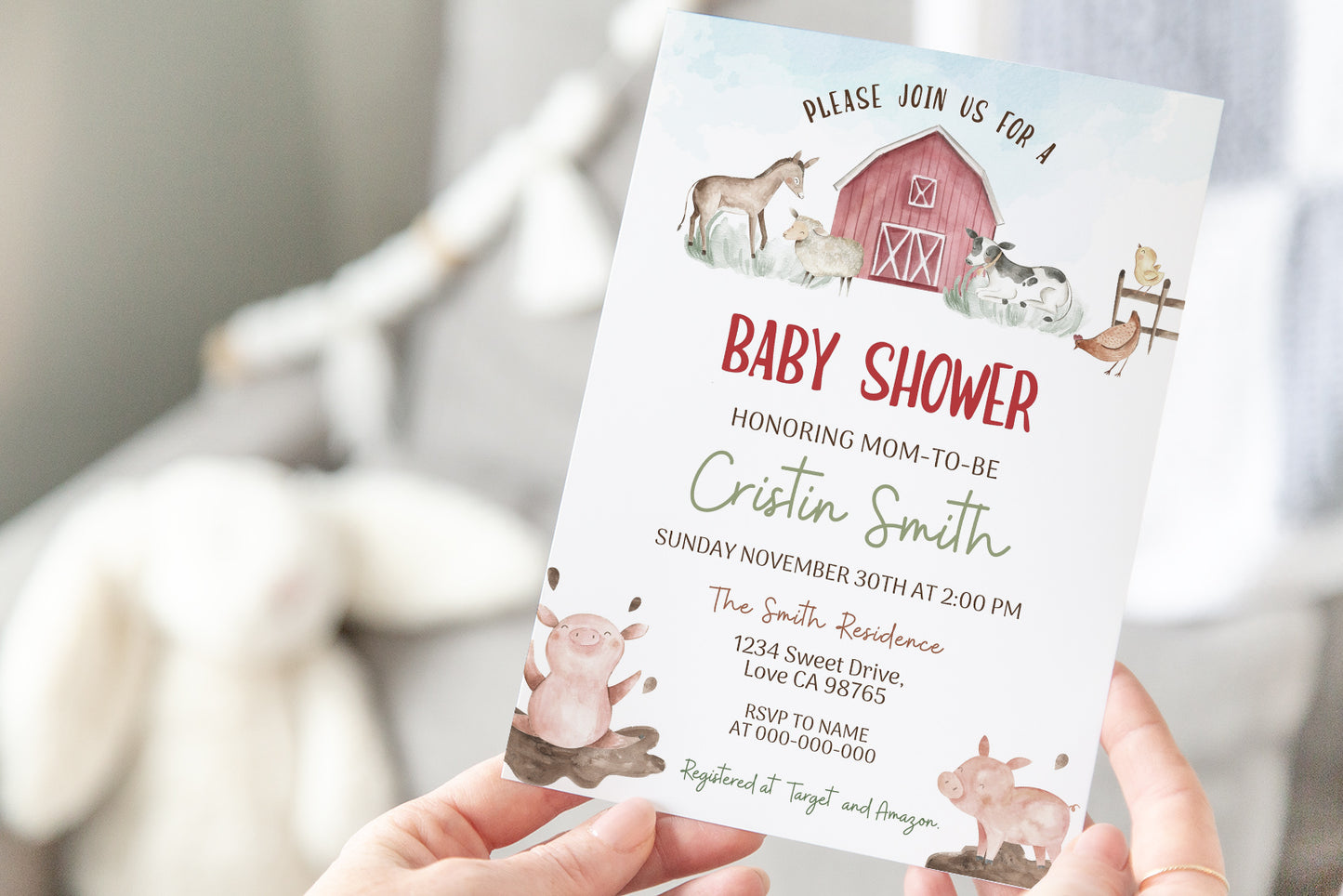 Farm Baby Shower Invitation | Editable Boy Barnyard Baby Shower Invite - 11B