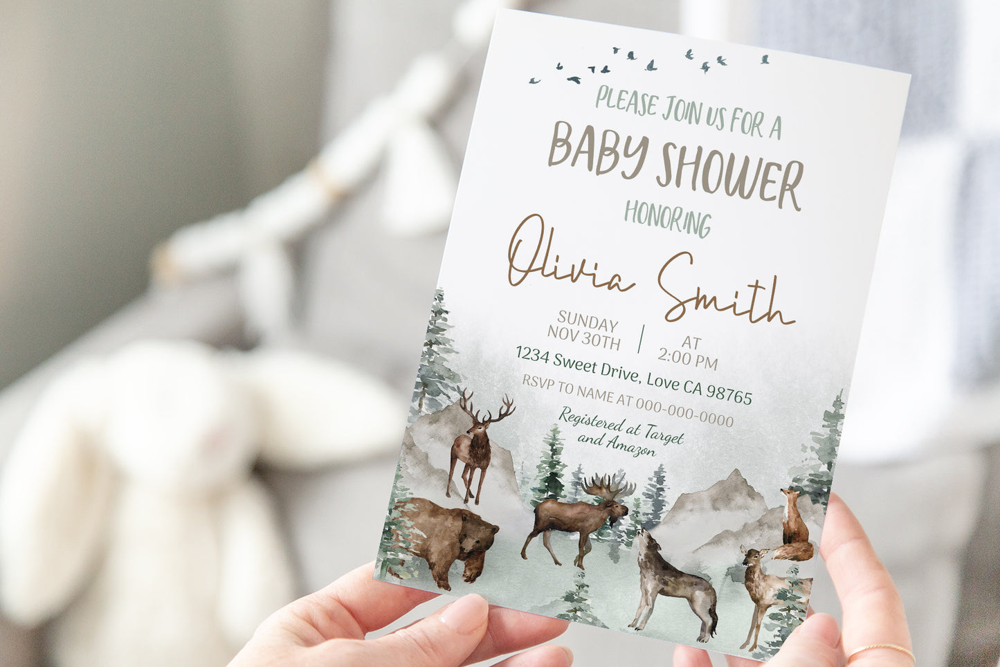 Woodland Baby Shower Invitation | Editable Forest Animals Baby Invite - 47H
