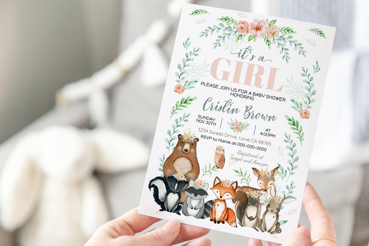It's a girl Baby Shower Invitation| Woodland Animals Baby Shower Invite - 47J3