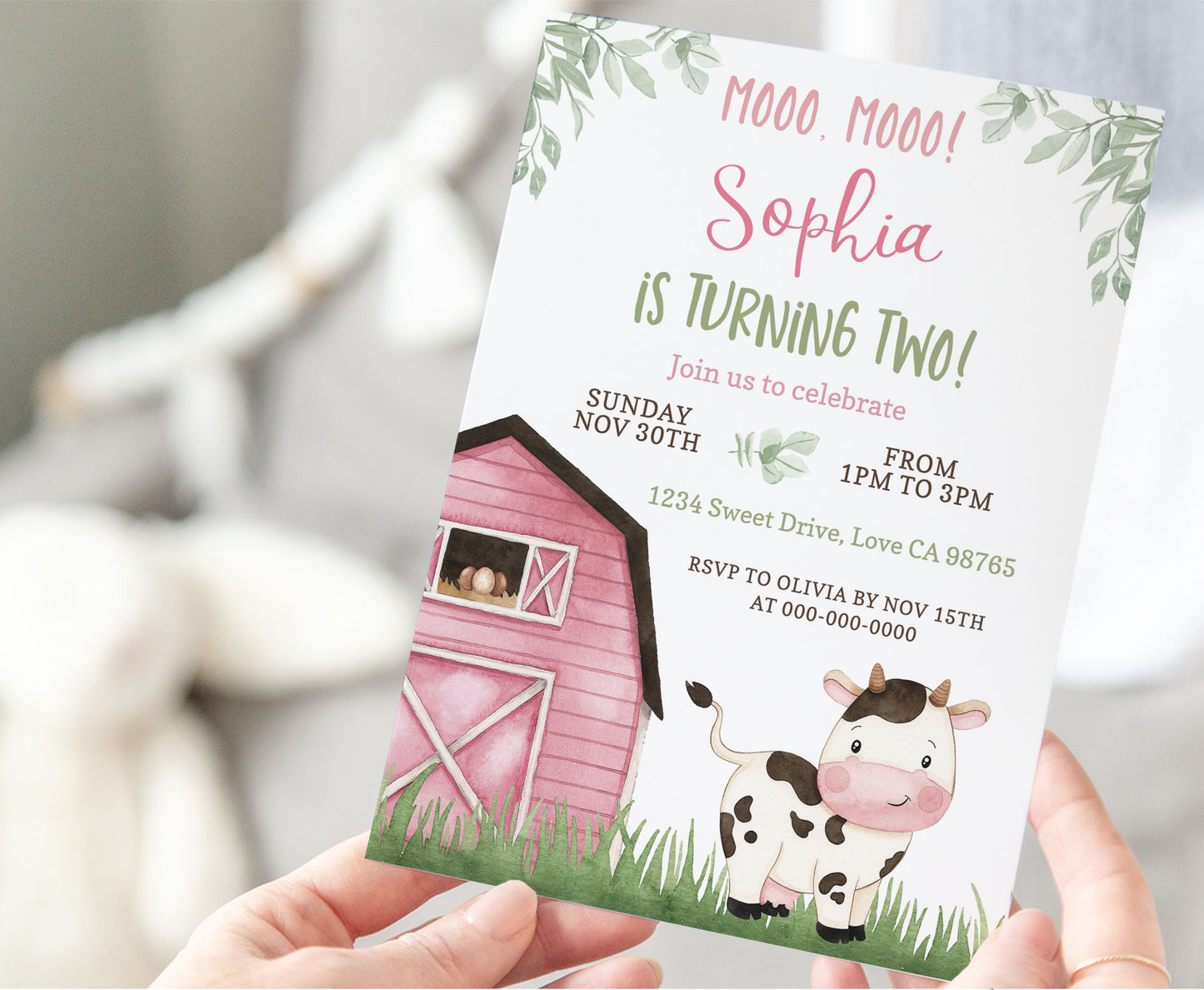 Girl Cow Birthday Party Invitation | Editable Farm Birthday Invite - 11A