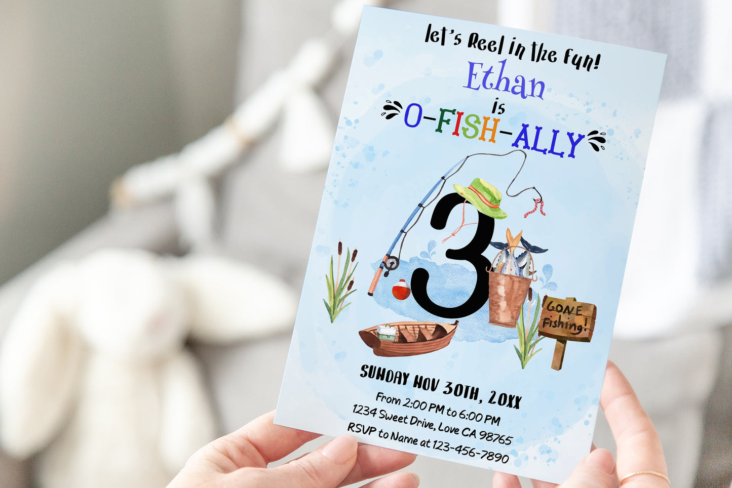 O-Fish-Ally Three Birthday Invitation | Editable Fishing Theme Party Invite - 97A
