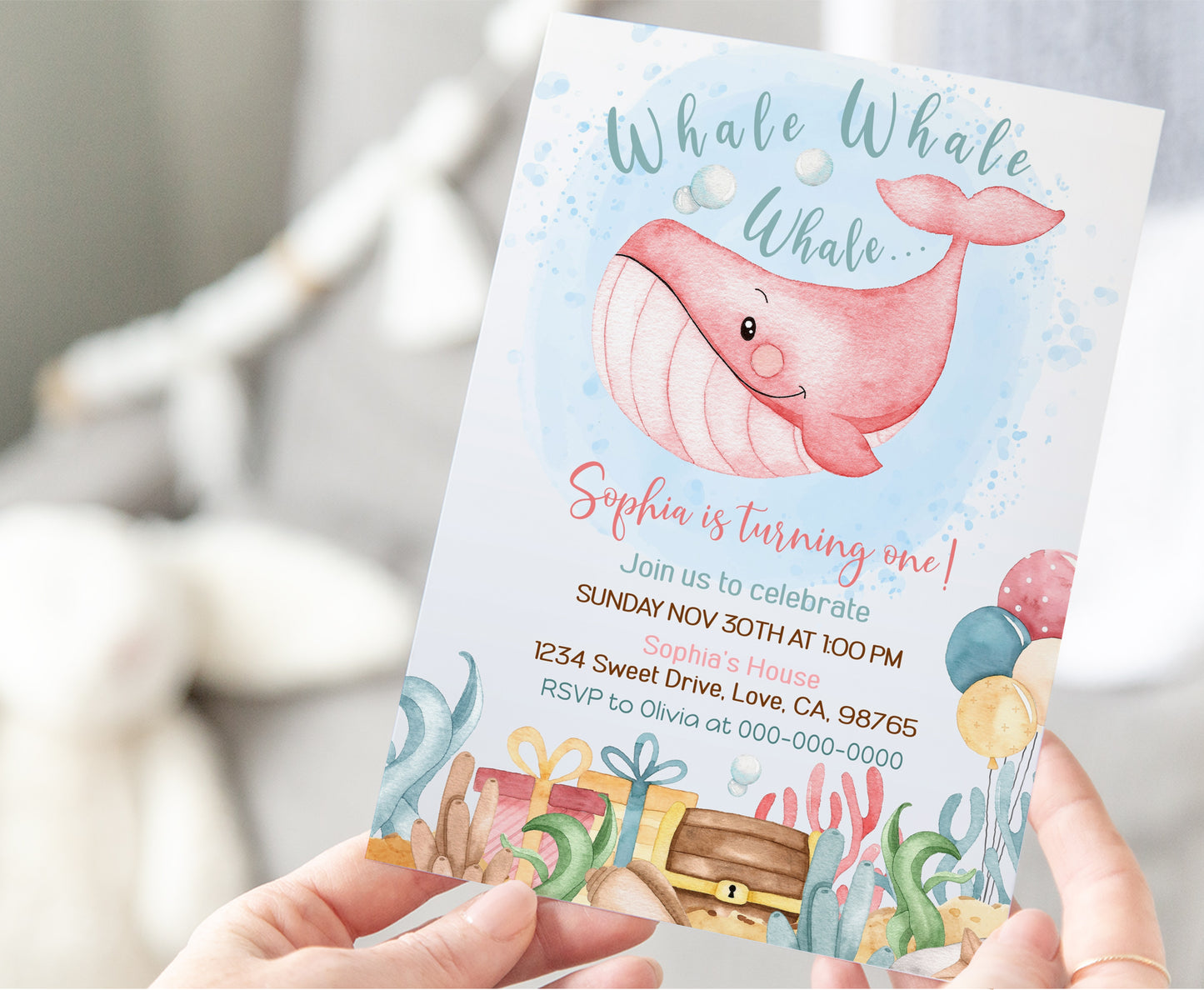 Editable Girl Under The Sea Birthday Invitation | Whale Party Invite - 44A