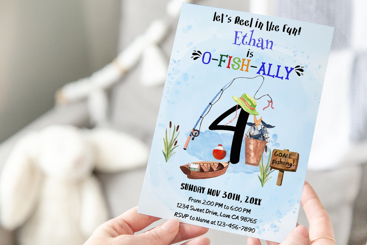 O-Fish-Ally Four Birthday Invitation | Editable Fishing Theme Party Invite - 97A