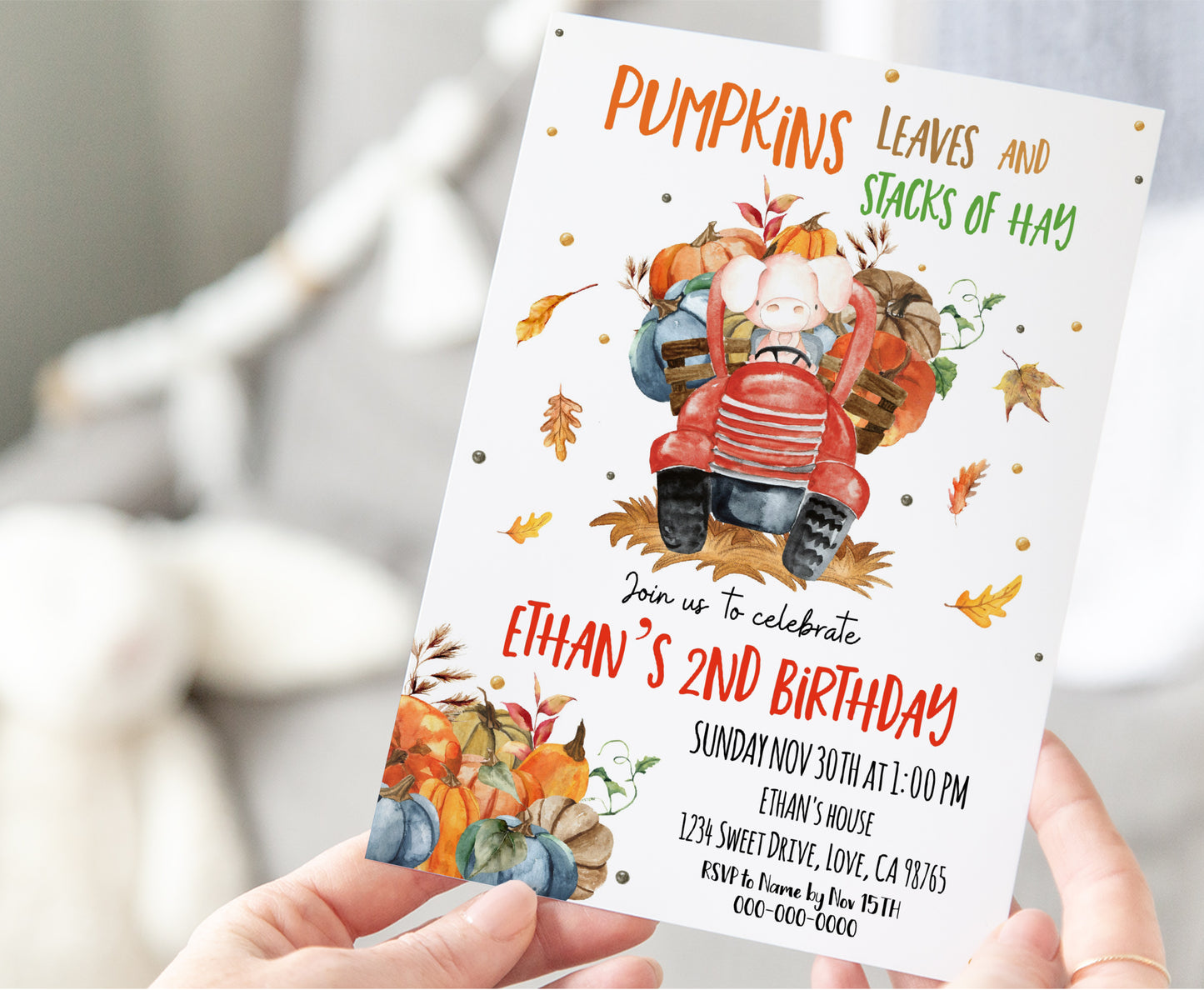 Pumpkins leaves and stacks of hay Invitation | Editable Pumpkin Truck Invite - 30L