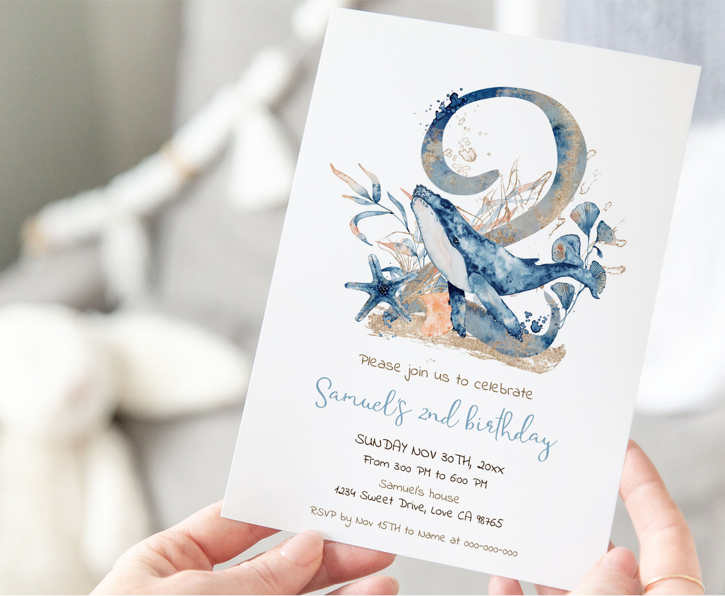 Whale second birthday Invitation | Editable Under the sea Invite - 44C
