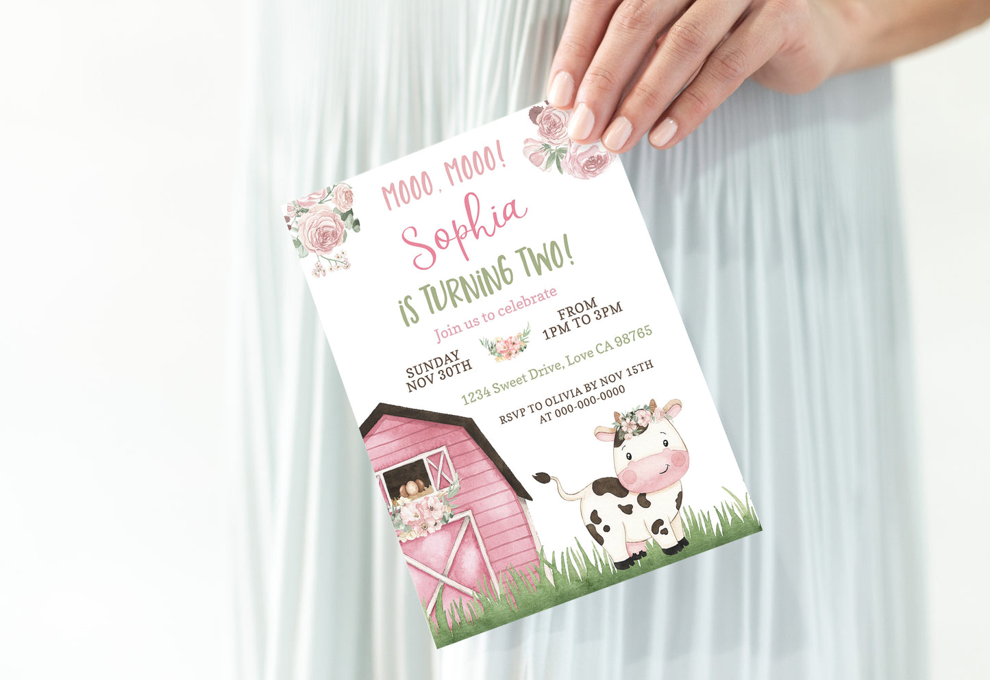 Cow Girl Birthday Invitation | Editable Floral Farm Party Invite - 11A