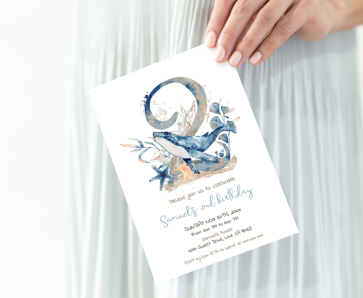 Whale second birthday Invitation | Editable Under the sea Invite - 44C