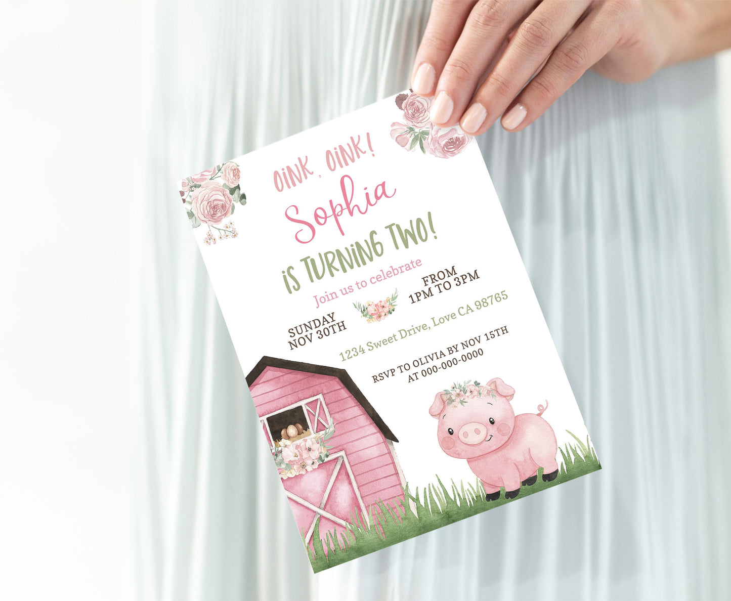 Pig Girl Birthday Invitation | Editable Floral Farm Party Invite - 11A