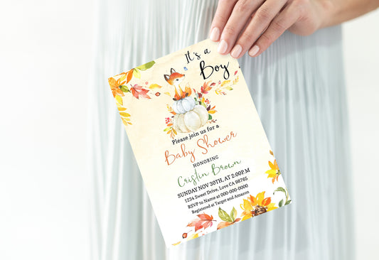 Editable It's a Boy Pumpkin Invitation | Fall Fox Baby Shower - 30F2