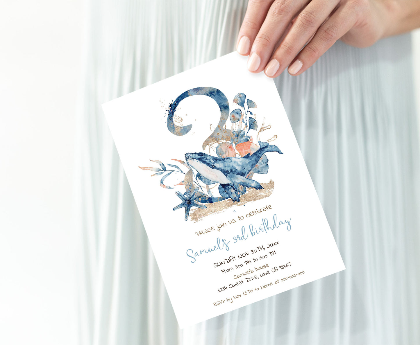 Whale third Birthday Invitation | Editable Under the sear Invite - 44C