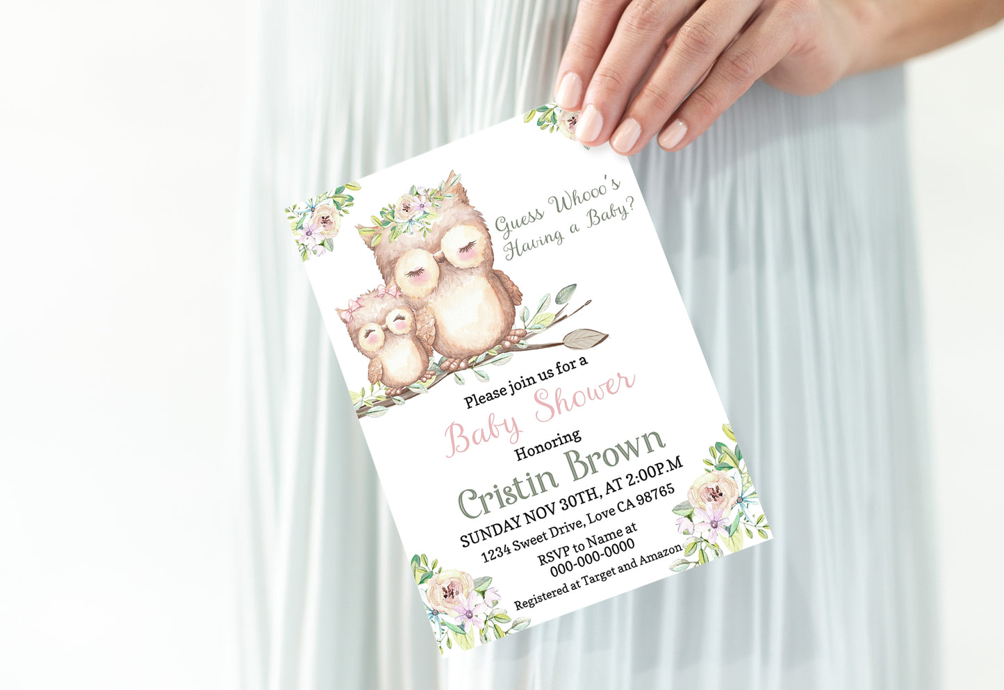 Guess Whoo's Having A Baby Invitation | Editable Owl Girl Baby Shower Invite - 78A