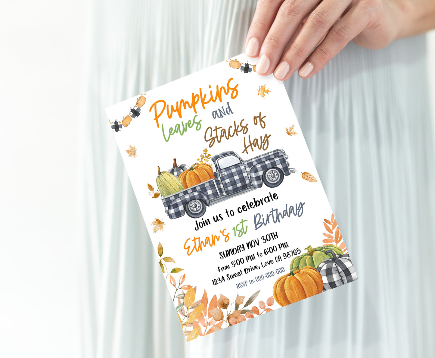Pumpkin Truck Invitation | Editable Pumpkin Birthday Party - 30K