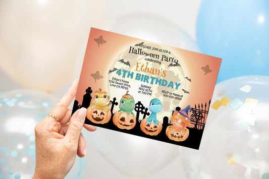 Editable Pumpkin Dinosaurs Invitation | Halloween Theme Party- 115F