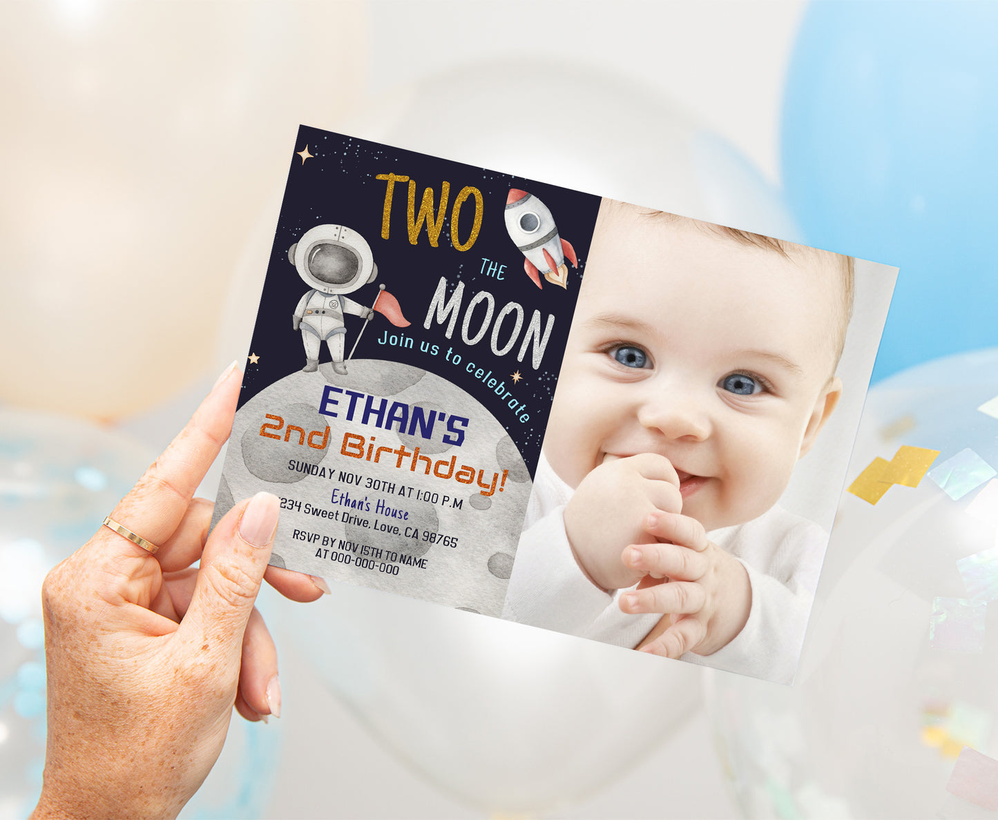Two The Moon Space Photo Invitation | Editable Astronaut 2nd Birthday Invite - 39C
