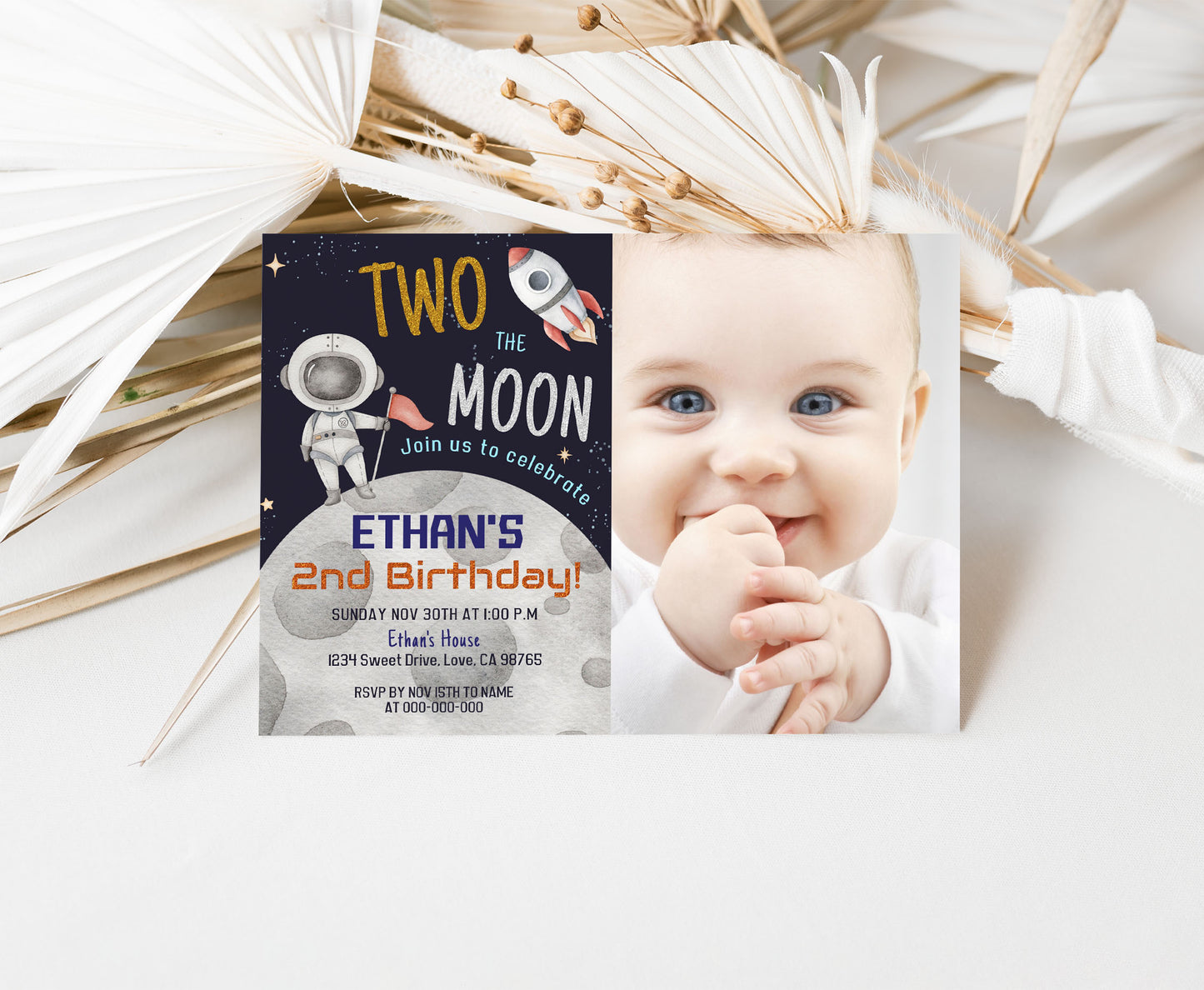 Two The Moon Space Photo Invitation | Editable Astronaut 2nd Birthday Invite - 39C
