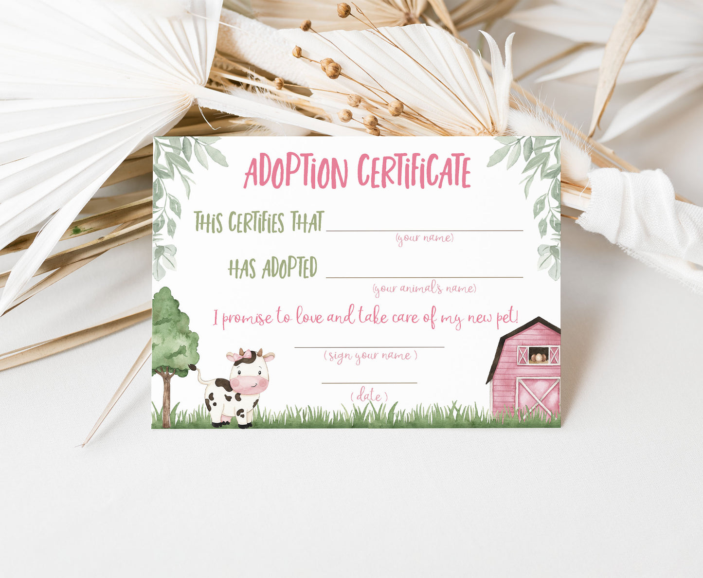 Cow Adoption certificate | Farm Birthday party- 11A