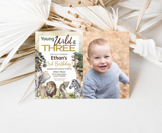 Editable Young wild and three Safari Photo Invitation | Jungle Birthday Invite - 35I