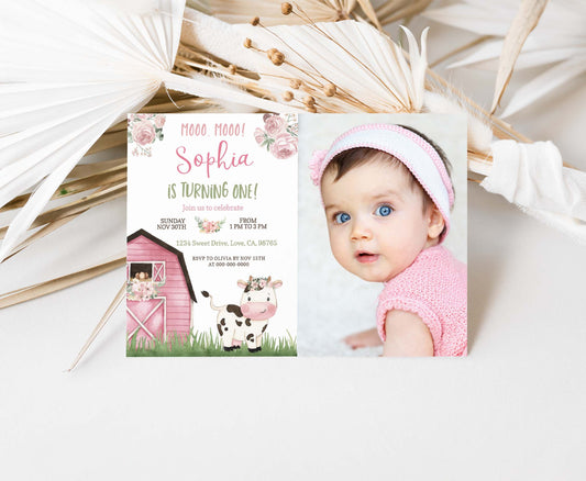 Editable Girl Cow Photo Invitation | Pink Barnyard Birthday Invite - 11A