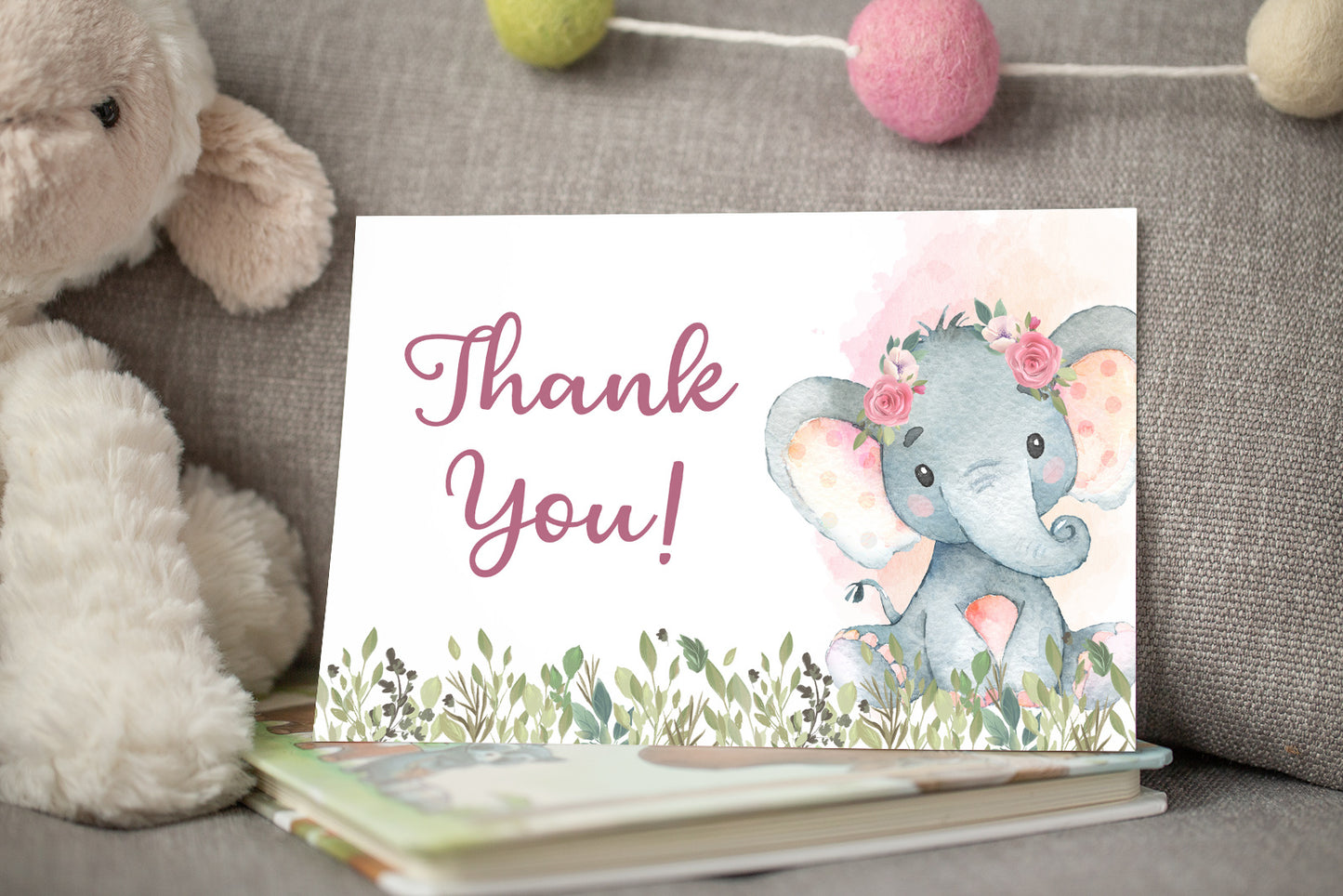 Girl Elephant Thank You Card | Elephant Party Printable - 63A