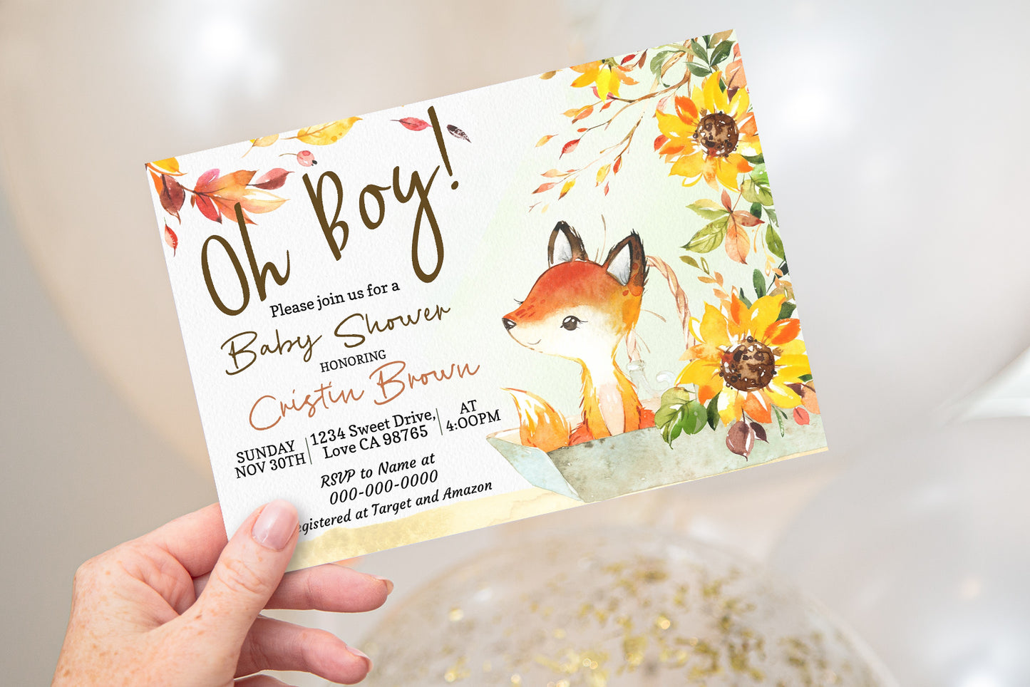 Editable Oh Boy Pumpkin Invitation | Fall Fox Baby Shower - 30F2