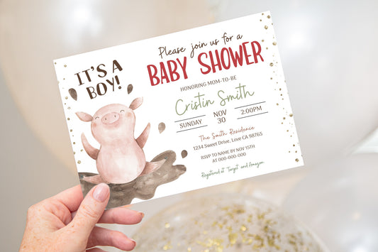 Pig Baby Shower Invitation | Editable Farm Baby Shower Invite - 11B