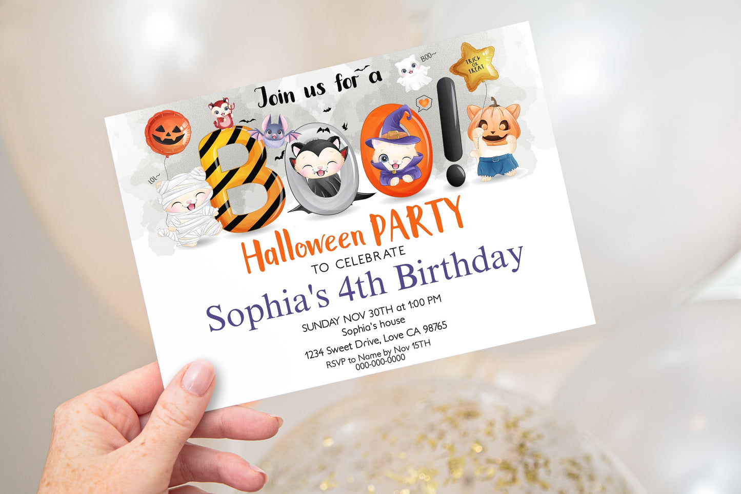 Editable Cat Boo Birthday Invitation | Halloween Theme Party - 115F