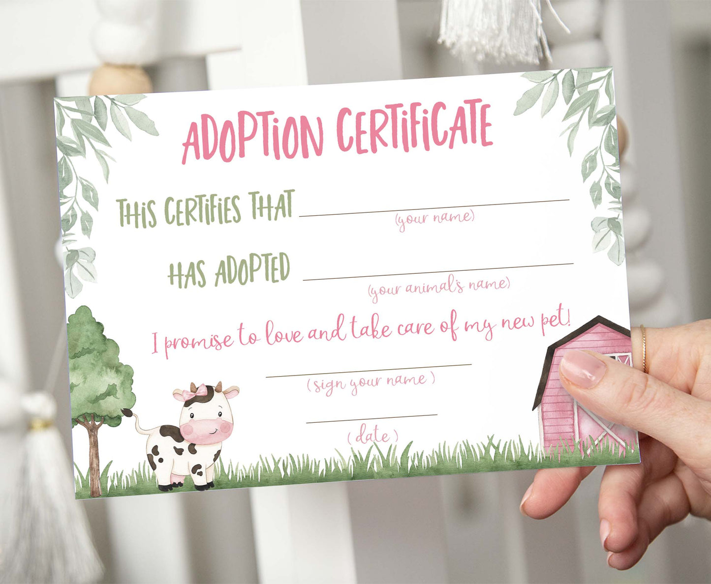Cow Adoption certificate | Farm Birthday party- 11A