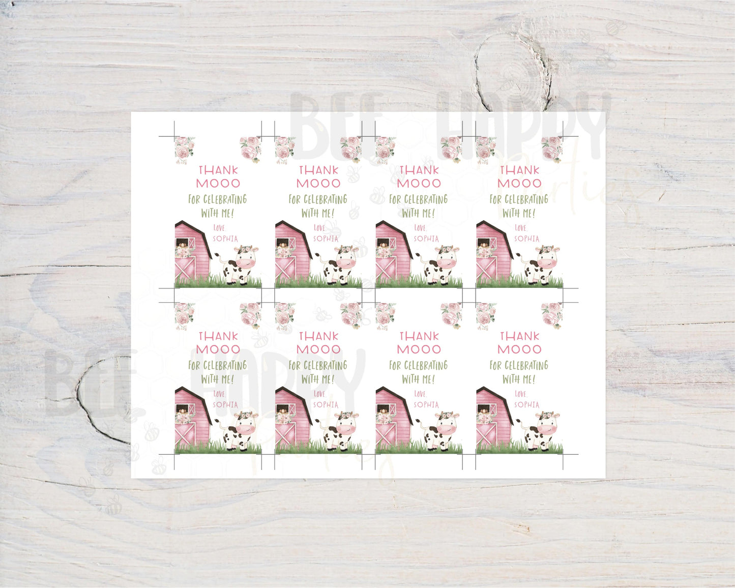 Cow Thank You Tags Girl | Floral Farm Birthday Party Printable - 11A