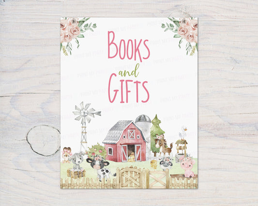 Books and Gifts Sign Printable | Pink Farm Baby Shower Decorations - 11C1