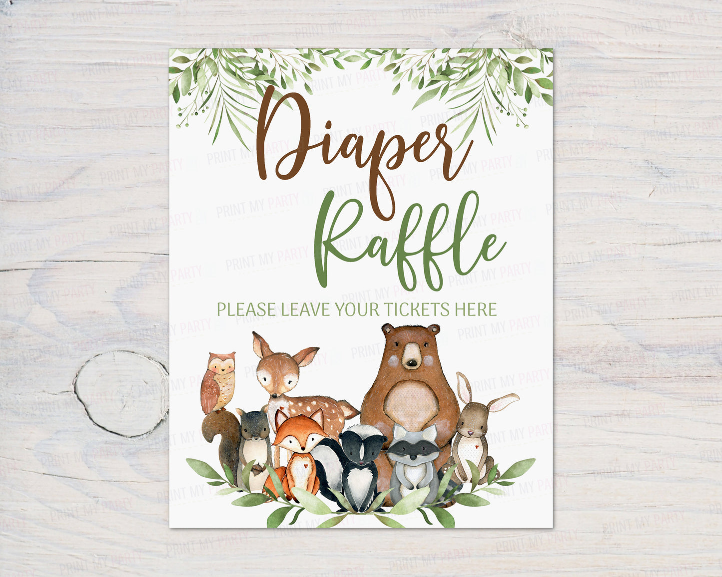Woodland Diaper Raffle Sign and Ticket Card | Forest Animals Baby Shower Game Printable - 47J0