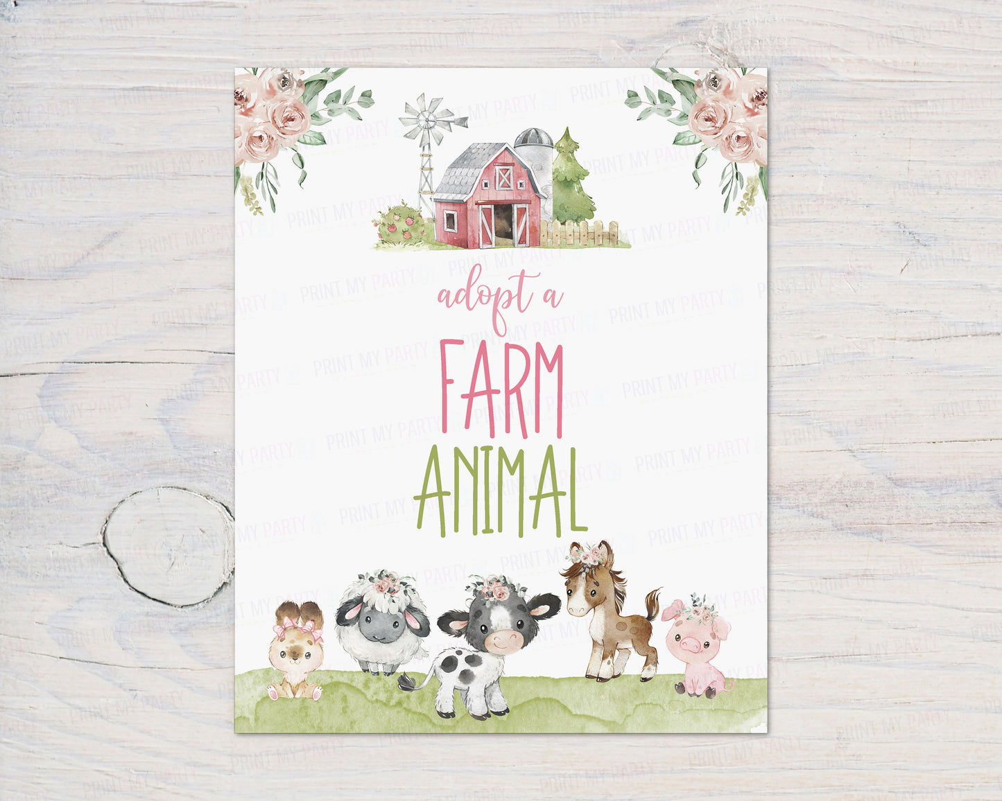 Adopt a farm animals Sign Printable | Floral Farm Party Table Decoration - 11C1
