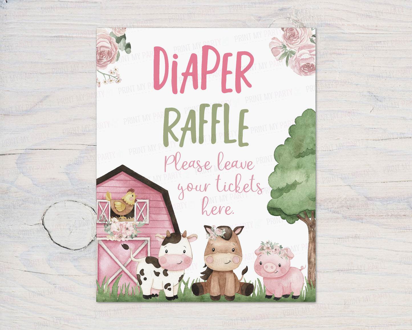 Girl Farm Diaper Raffle Sign and Ticket Card | Barnyard Baby Shower Game Printable - 11A