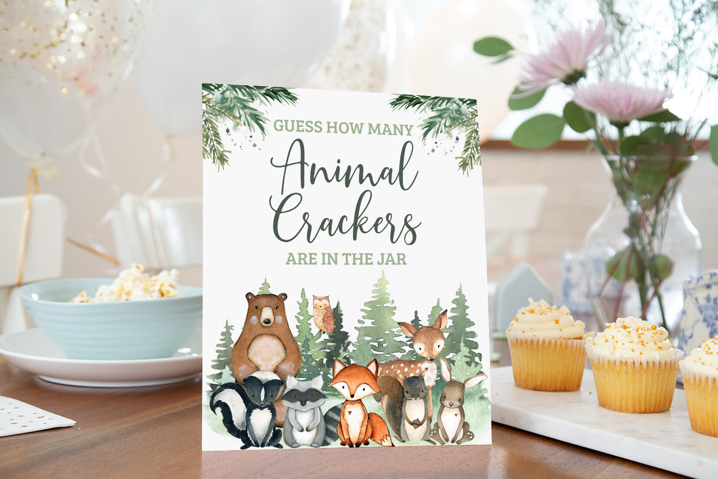 Guess How Many Animal Crackers Sign and Cards | Woodland Party Game - 47J2