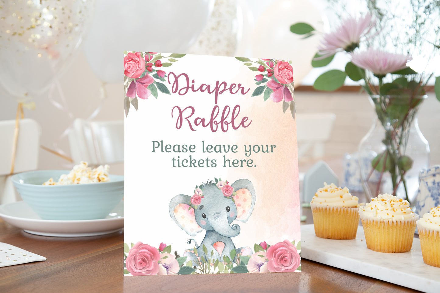 Girl Elephant Diaper Raffle Sign and Ticket Card | Elephant Baby Shower Game Printable - 63A