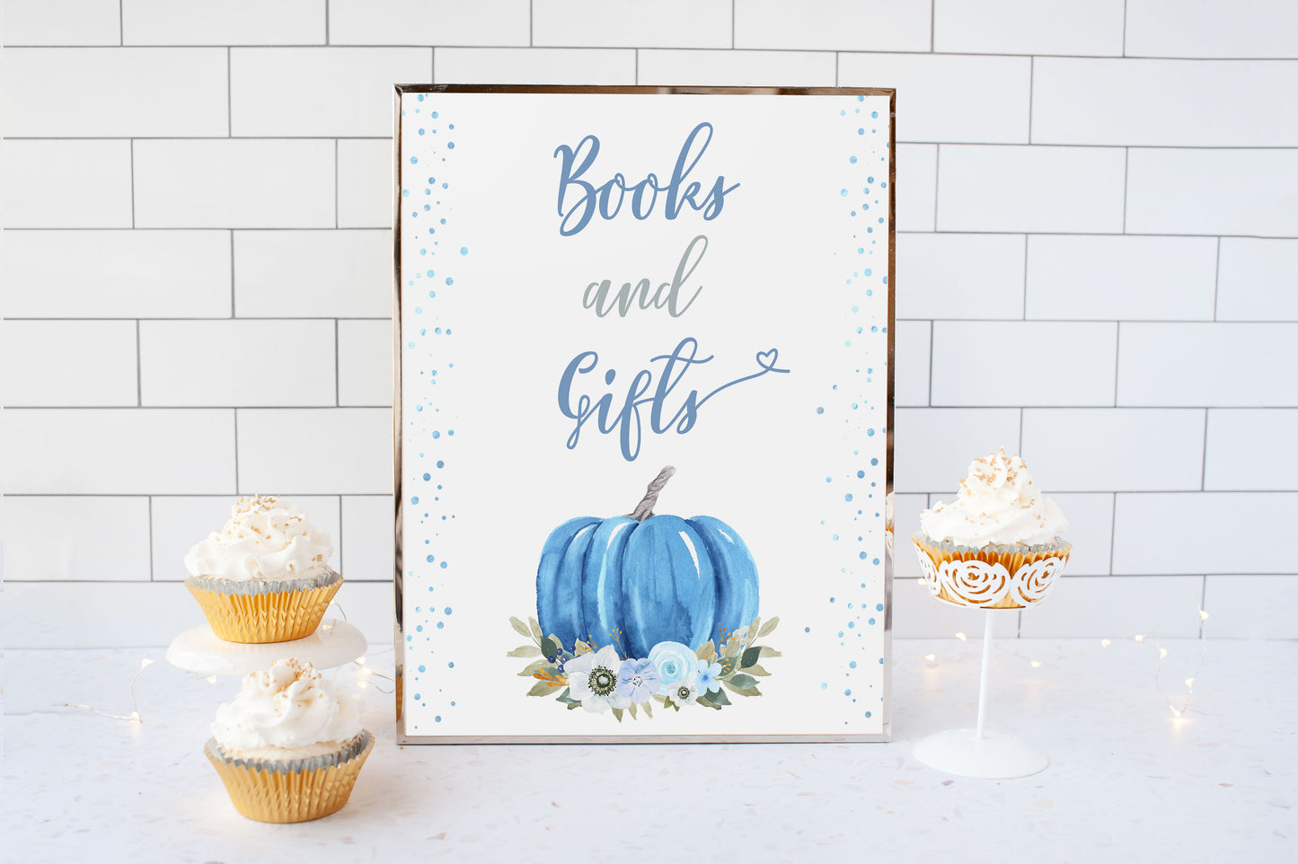 Blue Pumpkin Books and Gifts Sign Printable | Fall theme Baby Shower Table Decoration - 30B