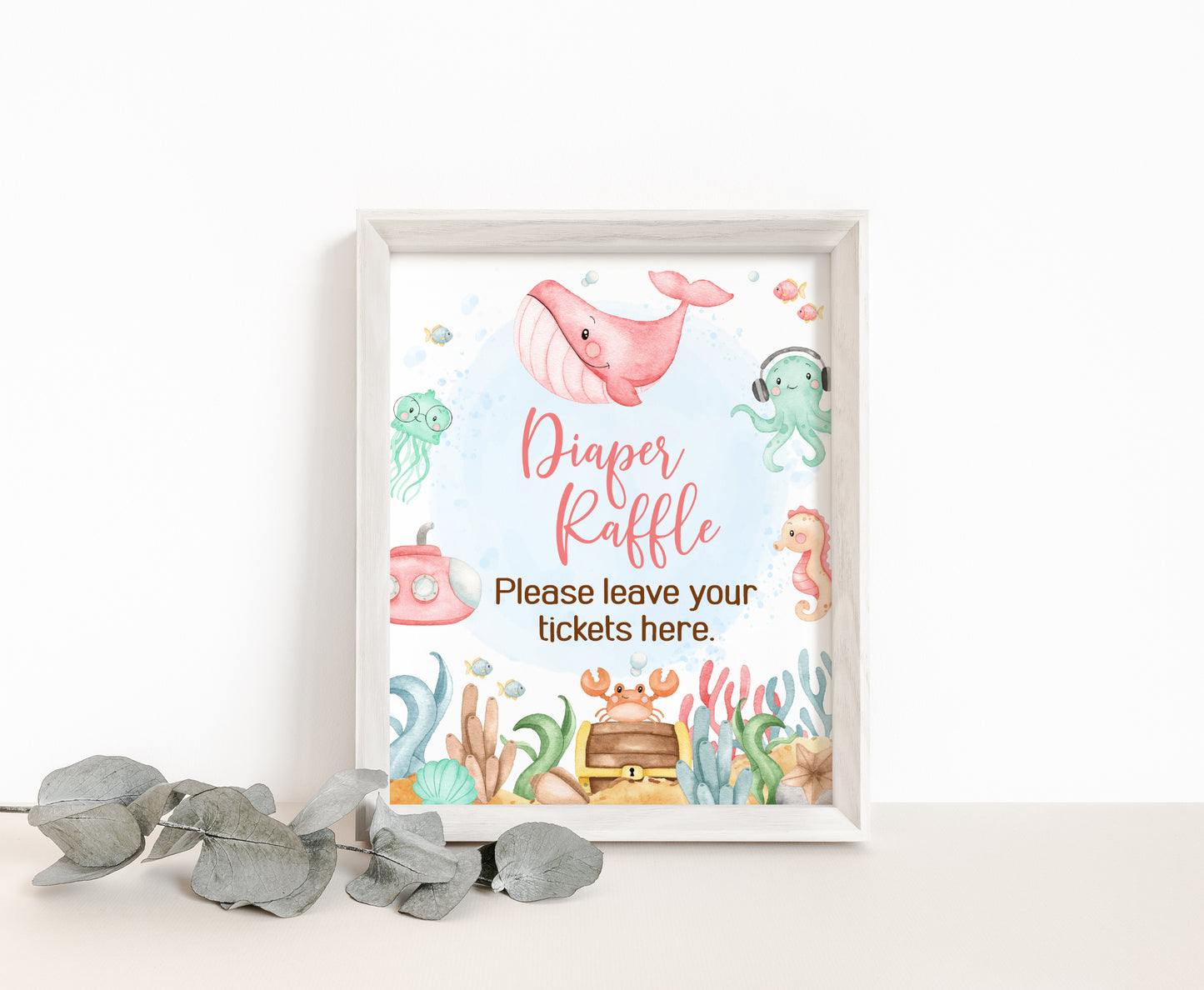 Girl Under The Sea Diaper Raffle Sign and Ticket Card | Ocean Baby Shower Game Printable - 44A