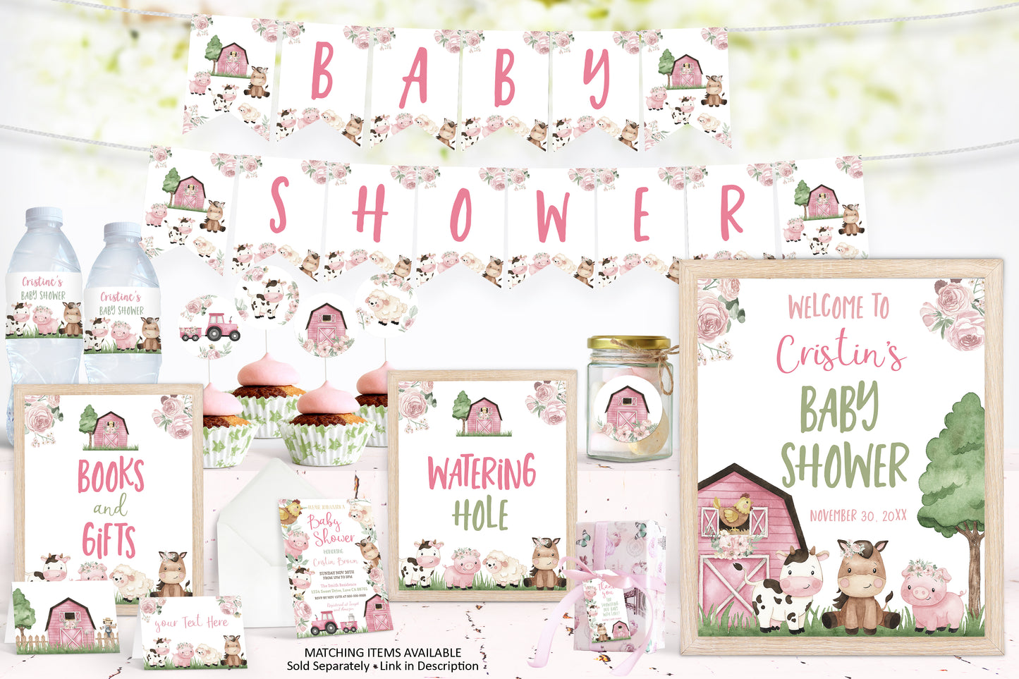 Floral Farm Welcome Baby Banner | Barnyard Girl Baby Shower Decorations - 11A