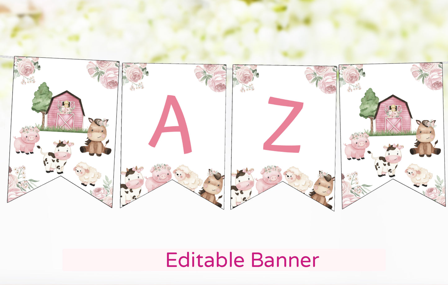 Editable Girl farm Banner | Pink Barnyard Party Decorations - 11a