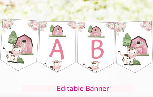 Editable Girl Cow Banner | Floral Farm Party Decorations - 11A