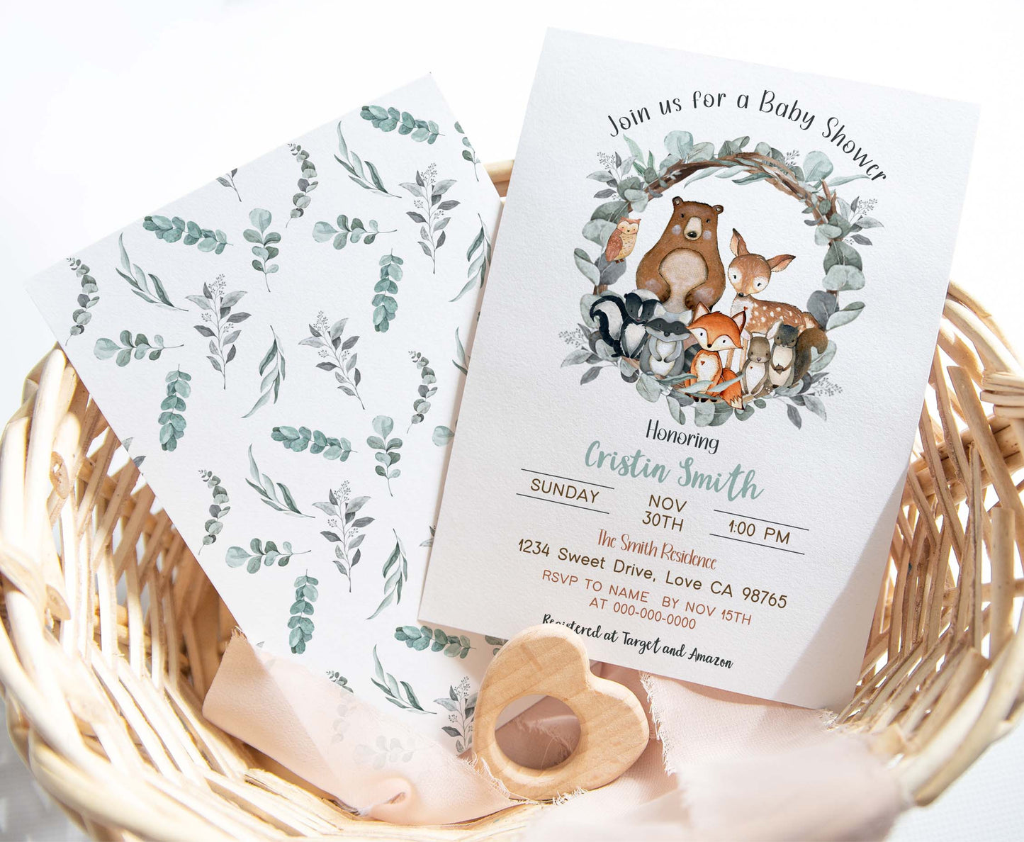 Eucalyptus Woodland Baby Shower Invitation | Editable Greenery Woodland Baby Shower Invite - 47J1