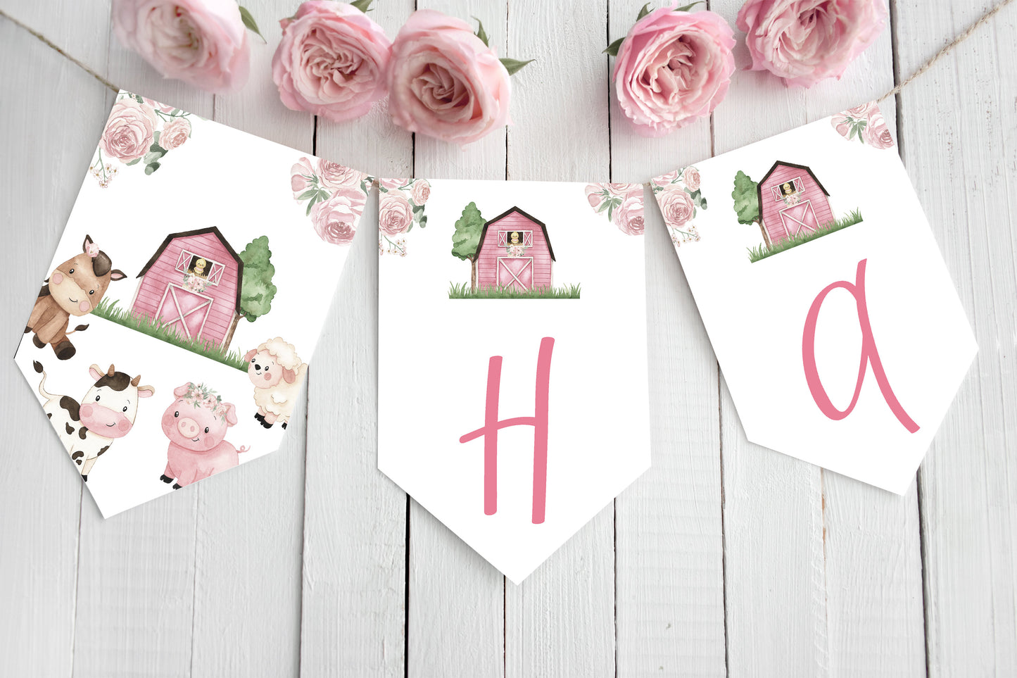Floral Farm Happy Birthday Banner | Pink Barnyard Themed Party Decorations - 11A