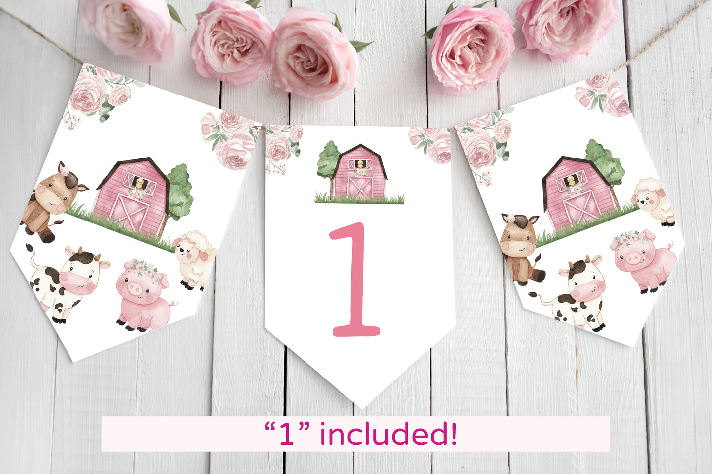 Girl Farm ONE High Chair Banner | Pink Barnyard 1st Birthday Party Decorations - 11A