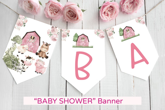 Floral Farm Baby Shower Banner | Girl Barnyard Baby Shower Printable Decorations - 11A