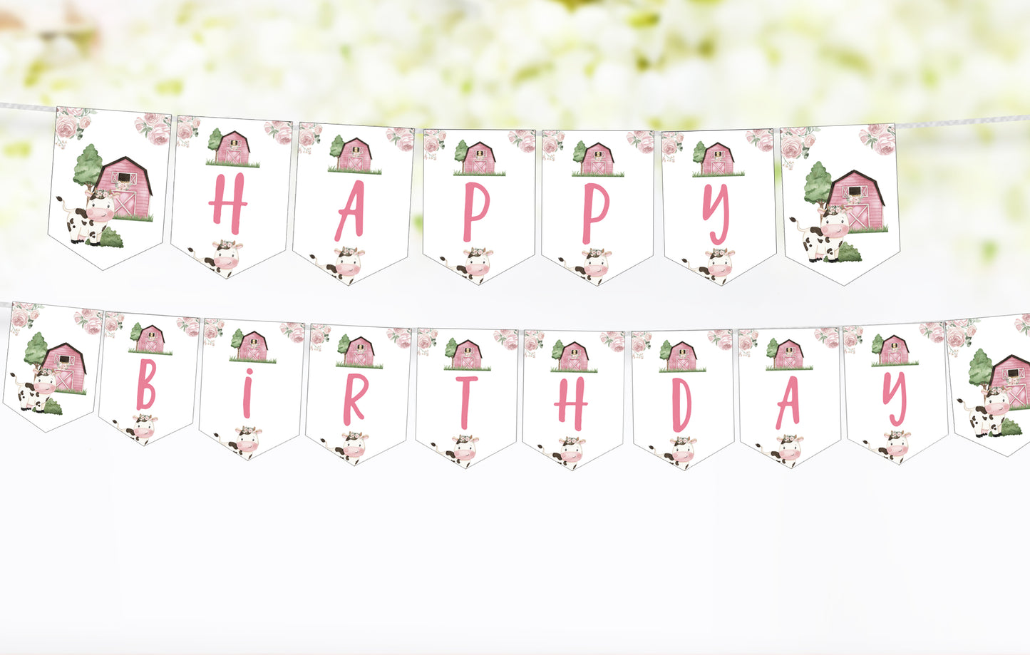 Cow Happy Birthday Banner | Girl Farm Party Printable Decorations - 11A