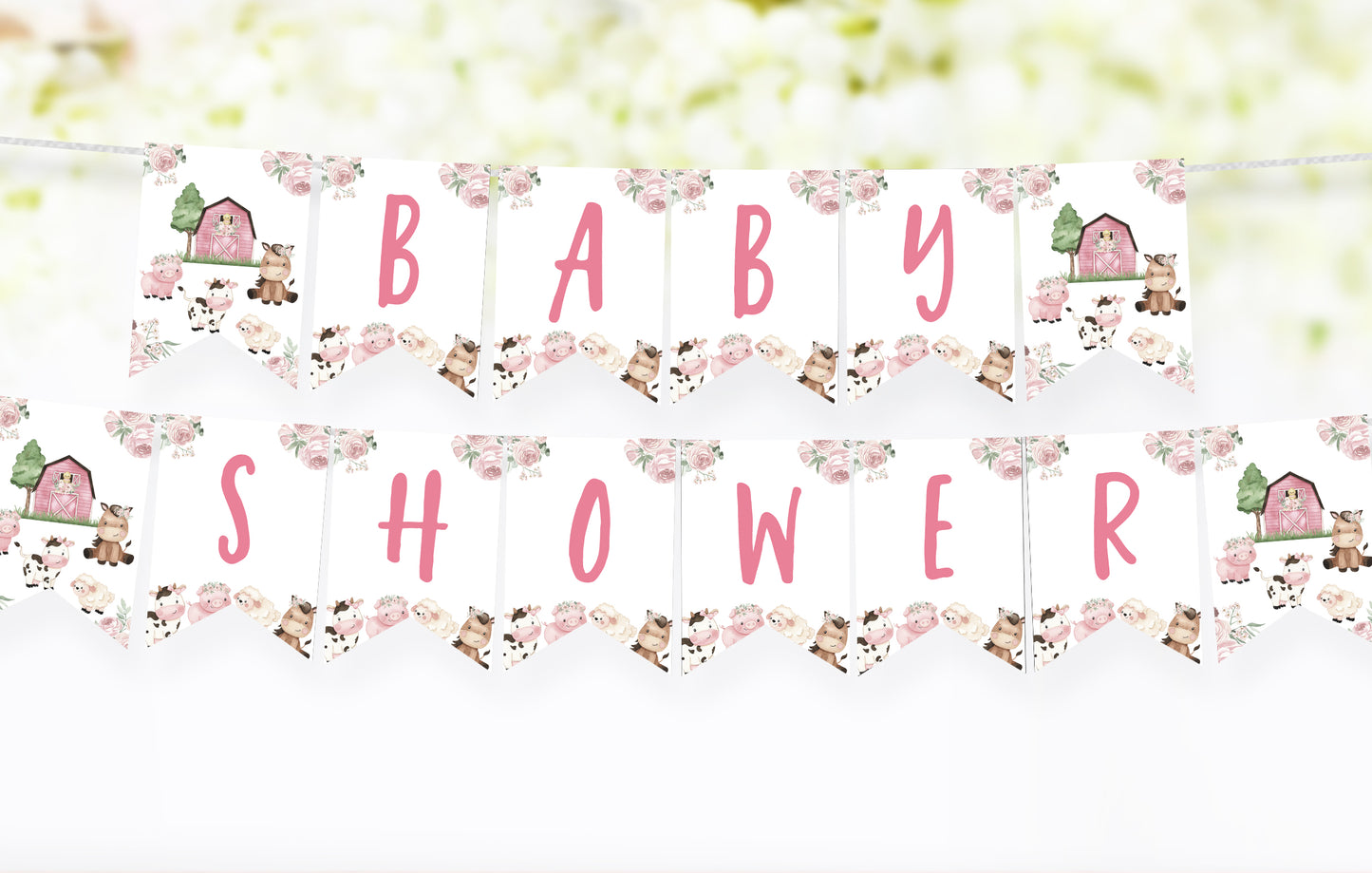 Girl Farm Baby Shower Banner | Pink Barnyard Baby Shower Printable Decorations - 11A