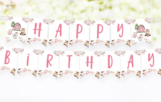 Girl Farm Happy Birthday Banner | Pink Barnyard Themed Party Decorations - 11A
