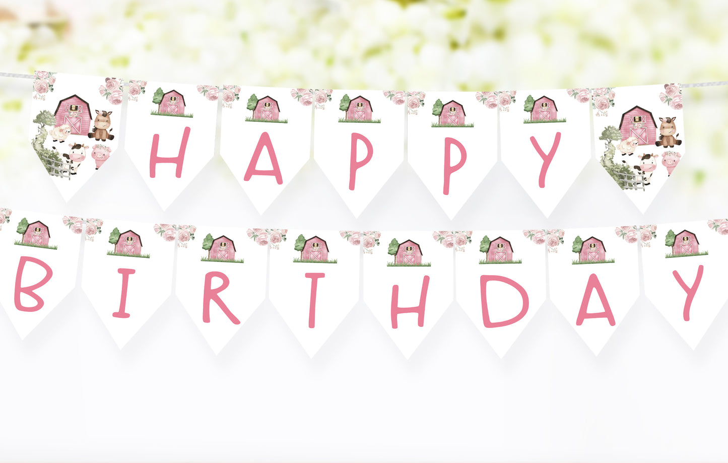 Pink Farm Happy Birthday Banner | Girl Barnyard Themed Party Decorations - 11A