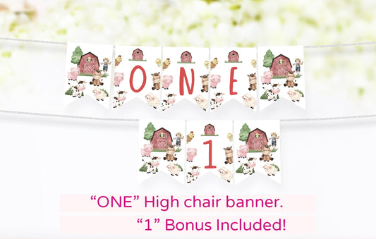Farm ONE High Chair Banner | Barnyard 1st Birthday Party Decorations - 11A