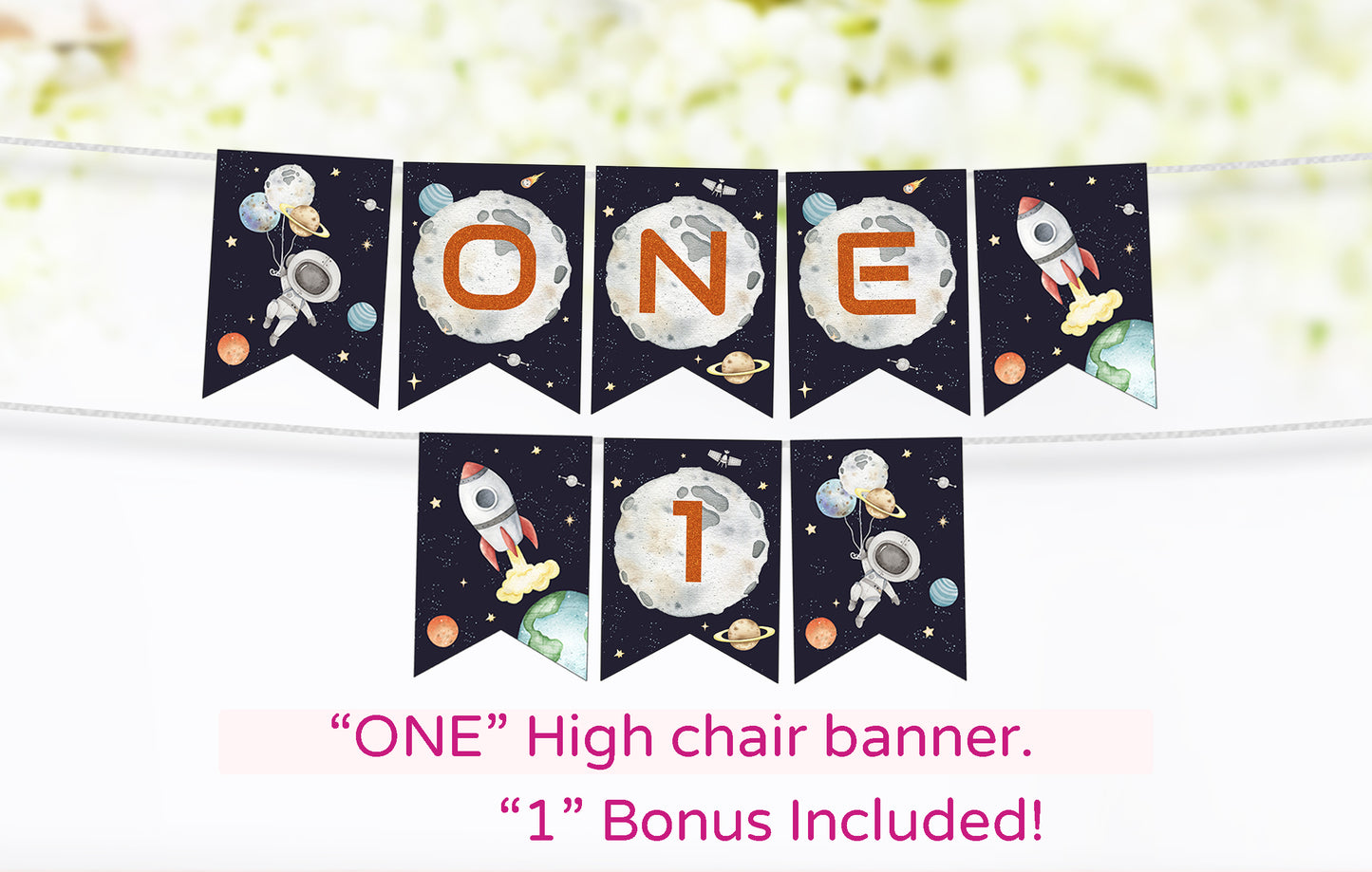 Space ONE High Chair Banner | Astronaut 1st Birthday Party Decorations - 39C