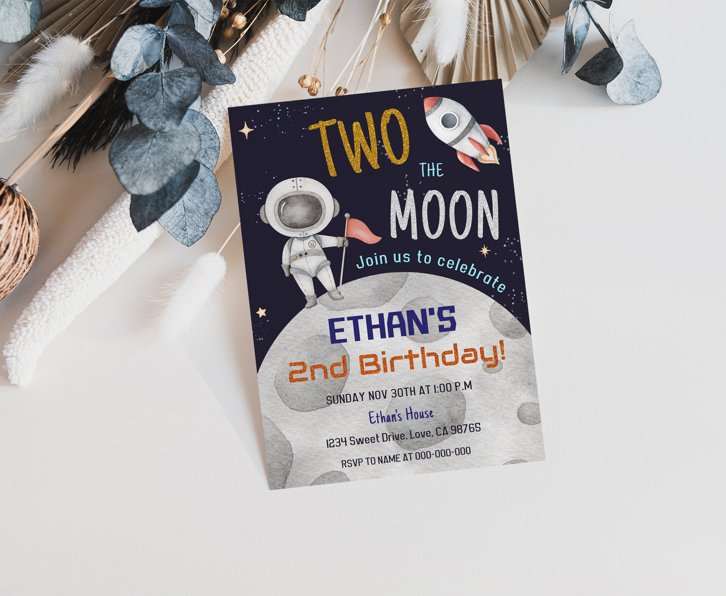 Two The Moon Party Invitation | Editable Space 2nd Birthday Invite - 39C